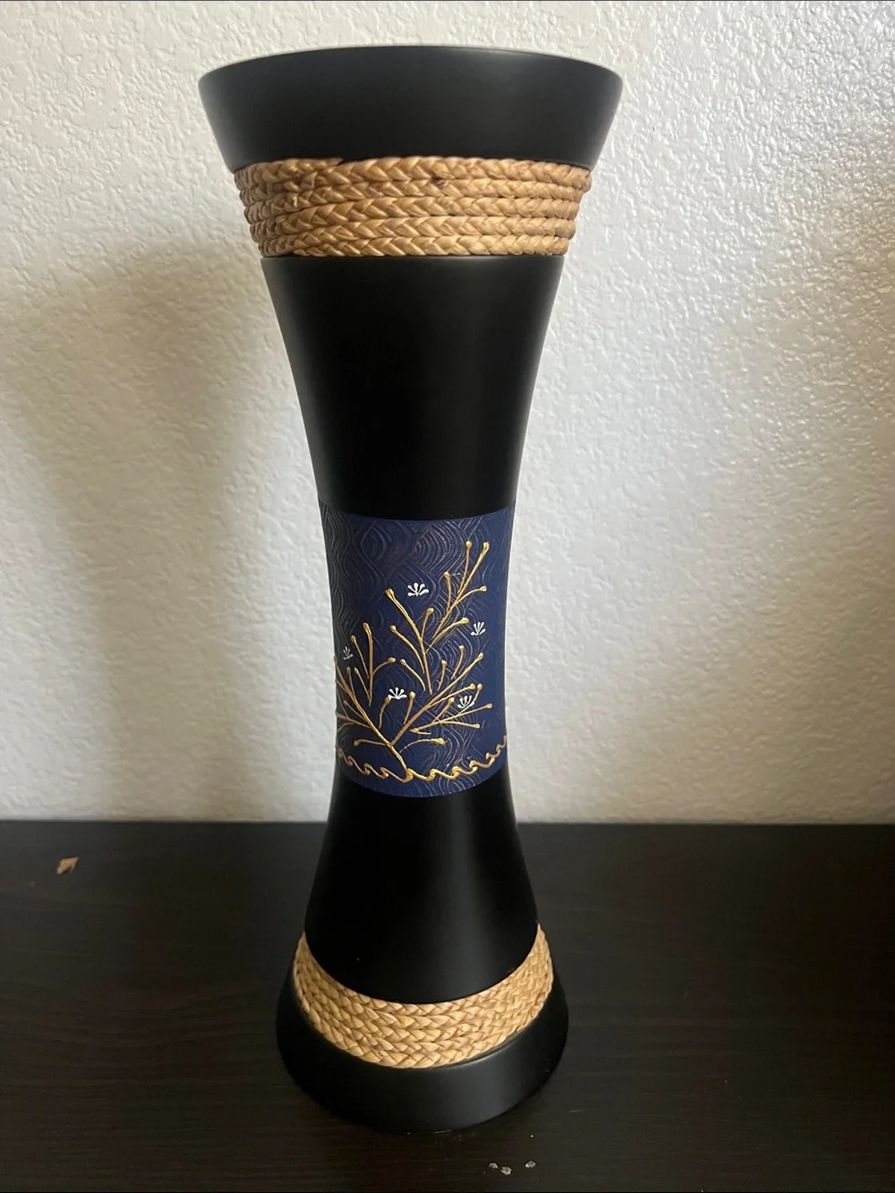 Decorative Black and Navy Hourglass Vase with Gold Detailing
